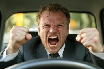 Close up photo of angry young businessman driving a car, Generative AI