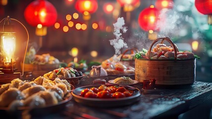 Fototapeta premium Hot dim sum with steam rising under red lanterns