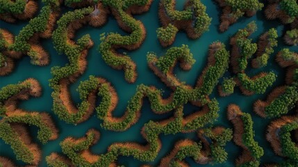 Orange and green-blue landscape with small lakes surrounded by islands, white splashy waves during rainy season,