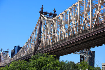 view from bottom of Queensboro bridge with metal trusses in manhattan new york city