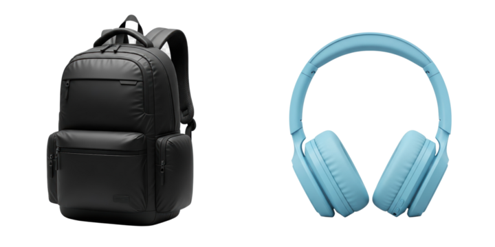Black backpack and blue wireless headphones
