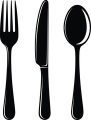 Cutlery silhouette icons set, black vector with fork, knife, spoon, dining utensils, restaurant, kitchenware, cooking illustration