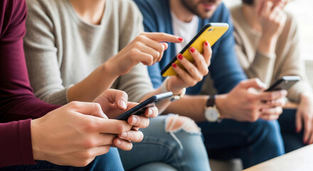  A group of friends absorbed in their smartphones. A modern concept for social media, digital addiction, technology dependence, and mobile connectivity.