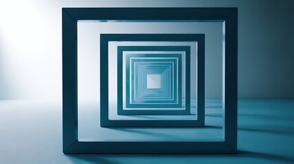 3d blue background with abstract square line pattern on wall. Relief gradient wallpaper of geometric shapes with light and shadow. Futuristic architecture design, render tech banner. 3D illustration