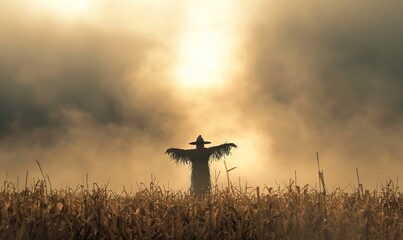 Solitary Scarecrow in a Foggy Brown Field 