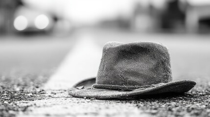 Worn cowboy hat on the side of a road.