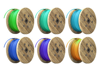 Six spools of colorful wire on wooden reels against a black background
