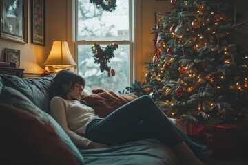 Sad, lonely, bored woman sitting alone on the sofa at home during Christmas, feeling isolated and disappointed near the Christmas tree, experiencing a quiet holiday season, Generative AI