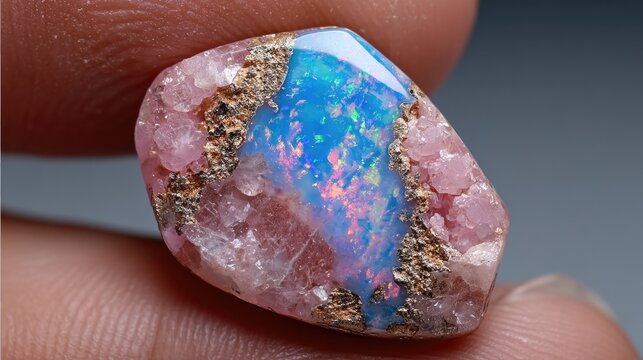 Close-up of a gemstone, showcasing vibrant pink and blue colors, embedded with crystals