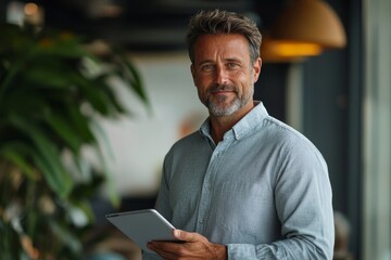 Confident businessman with a tablet in a modern office setting, demonstrating technological proficiency and leadership in his work, Generative AI