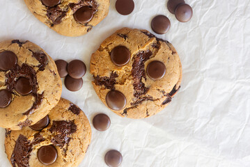 freshly baked homemade chocolate chip cookies on baking paper background