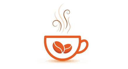 Steaming coffee cup with coffee beans inside