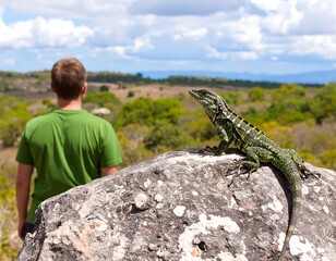 Man observes lizard on a rock in a landscape