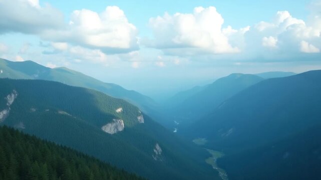 green forested mountains with white clouds on blue sky above, drone hyperlapse