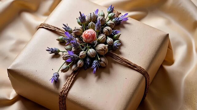 Elegant Gift Box Wrapped in Brown Paper with Rustic Floral Decoration Featuring Lavender and Natural Twine on Gold Fabric