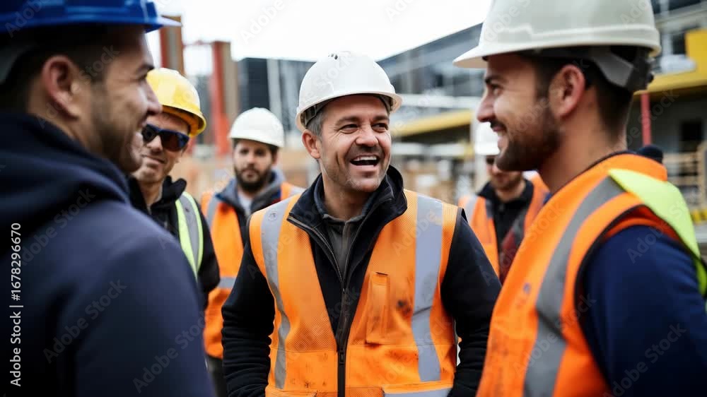 Poster a group of construction workers in hard hats and vests, smiling and chatting. the video captures the