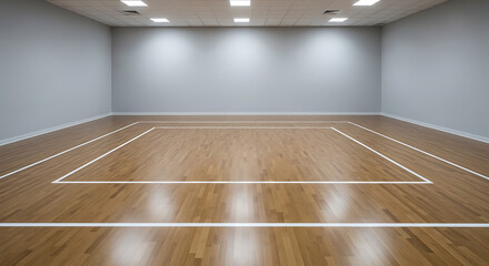 Bright, empty gymnasium with polished wood floor and clean white lines, ready for sports