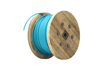 Spool of bright blue cable on a wooden reel