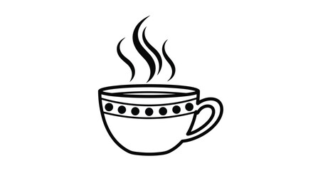 Black and white drawing of a steaming coffee cup with decorative pattern