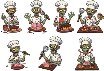 Zombie chefs cooking creepy desserts, Halloween horror bakery scene, cartoon undead bakers with brains and pastries, spooky funny food illustration