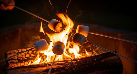 Campfire smores marshmallows roasting over glowing flames for delicious outdoor dessert experience