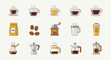 Collection of coffeerelated icons including cups, beans, grinders, and brewing equipment
