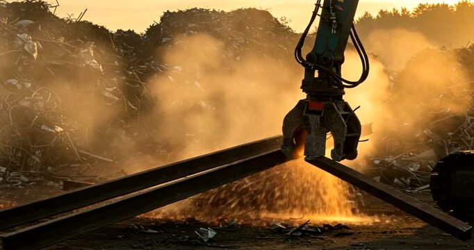 Heavy machinery lifting metal beams at a scrapyard