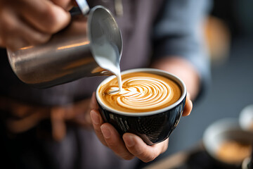 Close-up of a barista's hands pouring milk to create latte art in a coffee.