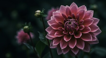 Close-up of a blooming pink dahlia flower with a dark background