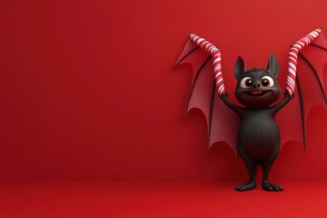 Fototapeta premium Cute halloween bat holding candy canes against a vibrant red colored background