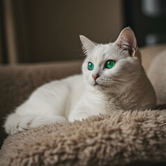 White cat with striking green eyes resting on a plush surface.