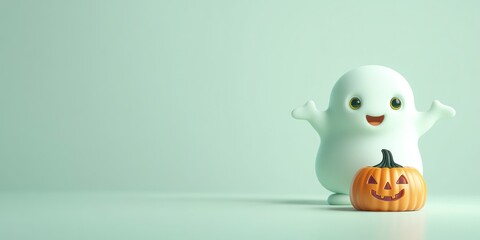 Cute cartoon ghost with a smiling pumpkin on a pastel green background studio