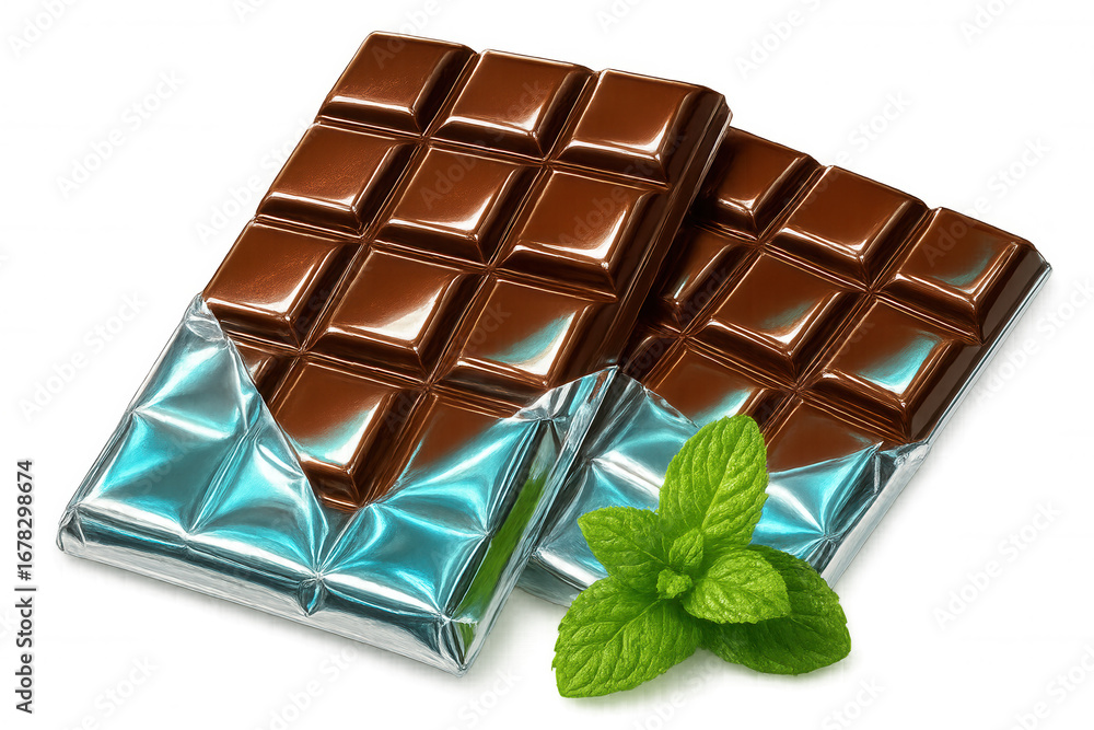 Poster open chocolate bars with mint leaves lying on a transparent background, creating a tempting image