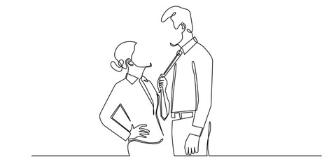 Continuous one line drawing of man and woman interaction. Female pulling man’s tie playfully. Minimalist outline vector, couple relationship, romance, love, flirting, modern line art illustration.