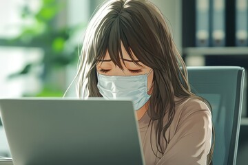 Businesswoman feeling sick while working at her laptop in the office, showing signs of discomfort as she tries to continue working, Generative AI