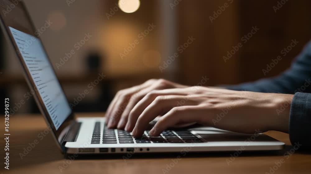 Poster side view of hands actively typing on a laptop computer keyboard