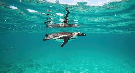 A galapagos penguin swimming underwater in clear turquoise water near the ocean surface