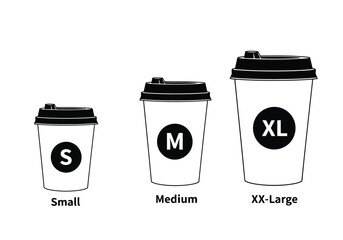 Three disposable coffee cups of different sizes small, medium, and extralarge