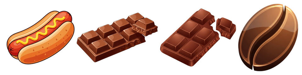 Hot dog, chocolate bar, and coffee bean isolated on transparent background