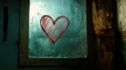Heart Drawing on Foggy Glass Window in Abandoned Room