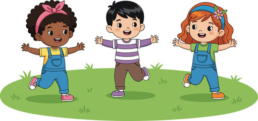 Three happy children playing outdoors, diverse kids running with open arms, smiling friends in park, cartoon style illustration of childhood fun