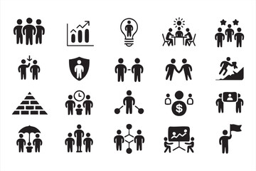 Business teamwork and leadership icons vector set with growth and success symbols