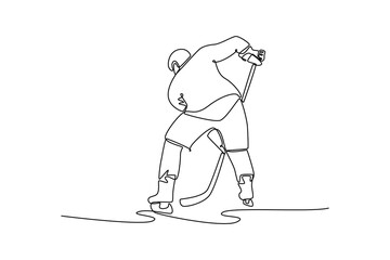 Single one line drawing male ice hockey player in powerful low stance with his stick. Symbolizing aggressive action, focus, and athletic skill. Continuous line draw design graphic vector illustration