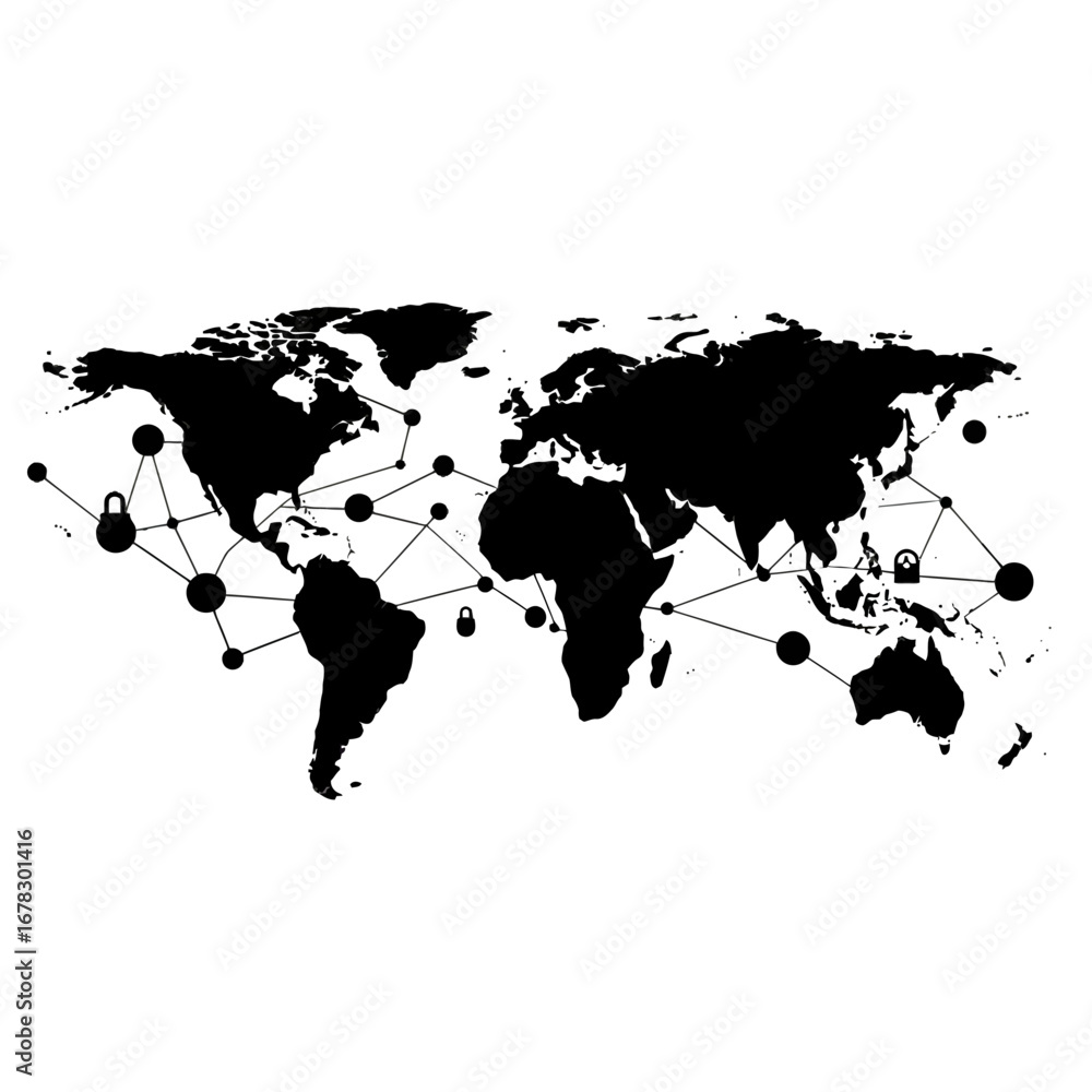 Poster global network connection map illustrating worldwide data transfer and digital communication with co