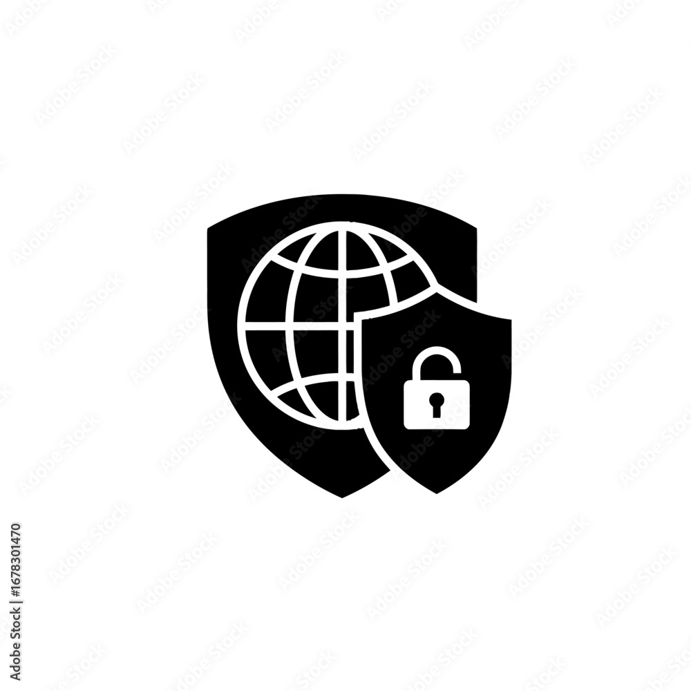 Poster secure global network with shield and padlock, representing data protection, cybersecurity, and onli