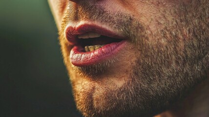 Obraz premium Bearded man mouth close up with open lips and facial detail