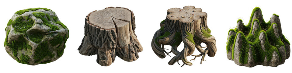 Mossy rocks and tree stumps isolated on transparent background