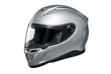 Silver motorcycle helmet featuring transparent visor, protecting rider with sleek design, mounted against clean transparent backdrop