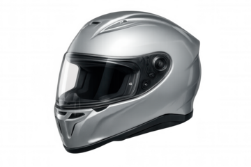 Silver motorcycle helmet featuring transparent visor, protecting rider with sleek design, mounted against clean transparent backdrop