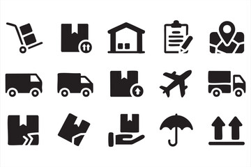 Courier and logistics icons with airplane truck and secure package illustrations